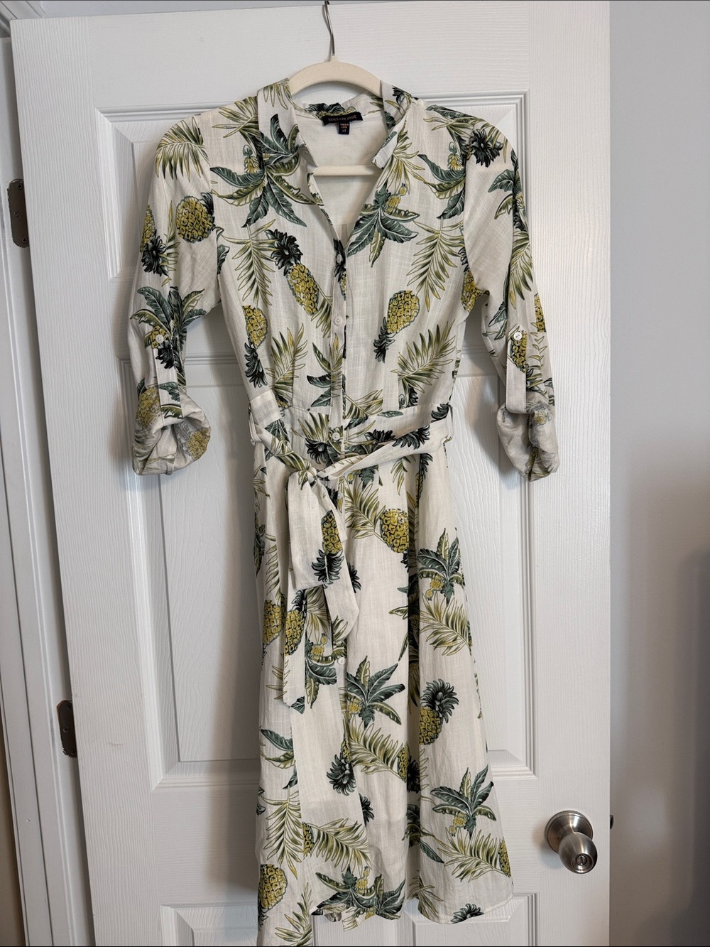 Skies Are Blue Pineapple Print Midi Shirt Dress - Cream & Green
